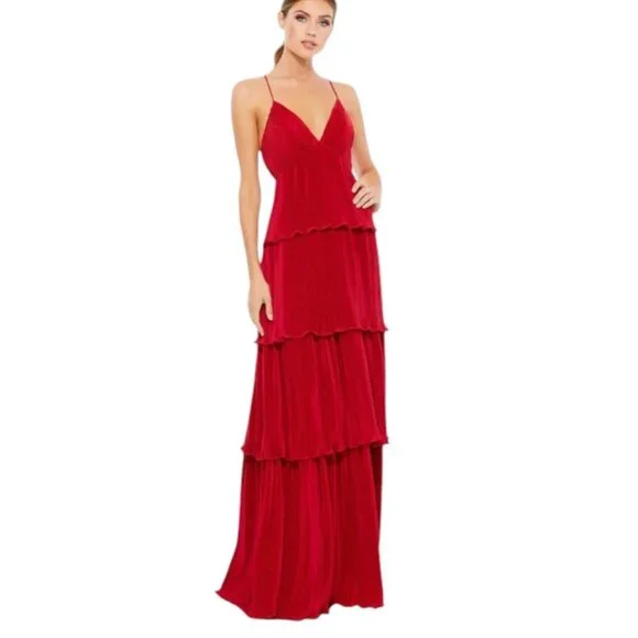 Mac Duggal  Red Spaghetti Strap Ruffle Layered Maxi Dress Gown Red Size 6 - Picture 3 of 6